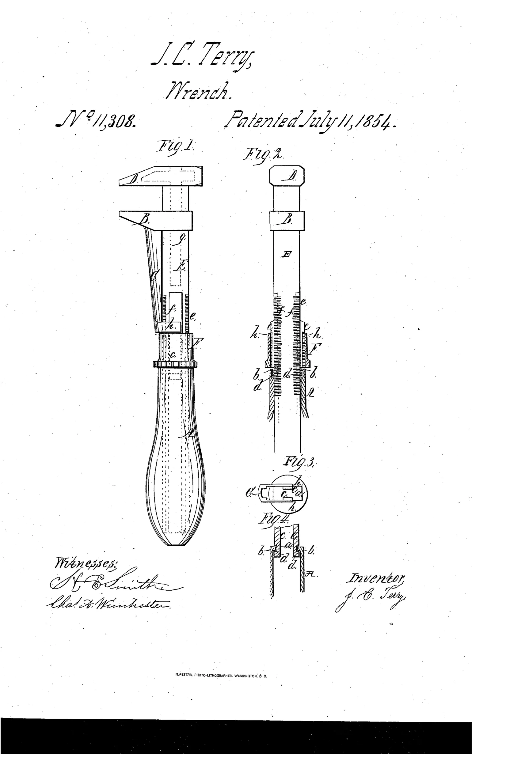 Patent drawing of a 19th-century screw wrench showing a side view with movable and stationary jaws, a threaded shank and nut, a hollow handle, and cross-sectional details of the strap attachment mechanism.