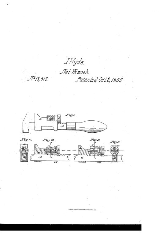Patent drawing of an 1855 screw-wrench showing a long handled tool with a fixed jaw, a sliding rack bar, a movable jaw with an eccentric shaft and thumb-piece, and cross-sections labeled a through f illustrating the screw engaging and disengaging the bar's rack.