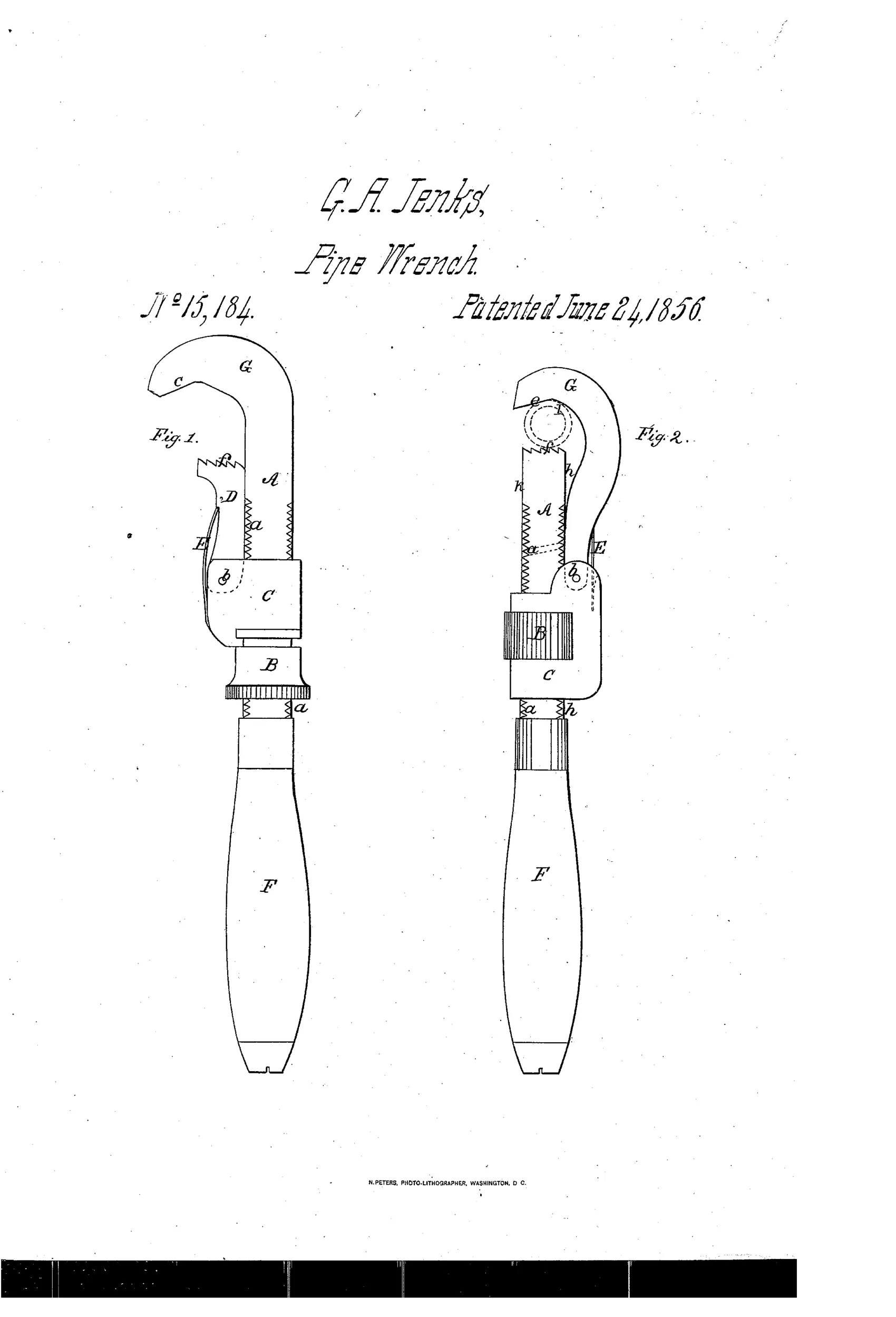 Two side-view patent drawings of hand wrenches, each showing a long handle, a threaded adjusting nut, a sliding jaw carriage, and a hooked claw jaw at the top, labeled Fig. 1 and Fig. 2 with lettered parts A through G.