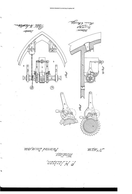 Patent drawing showing a ship's windlass with chain, ratchet wheels, pump-brake heavers, and a detailed double-acting pawl with counterweight mechanism shown in multiple views.