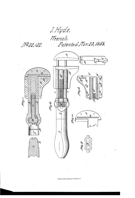 Patent drawing of a 19th-century screw wrench showing a two-part cast construction with a sliding jaw, a threaded adjustment screw with thumb piece, a wooden handle, and several cross-sectional detail views of the jaw halves and bar.