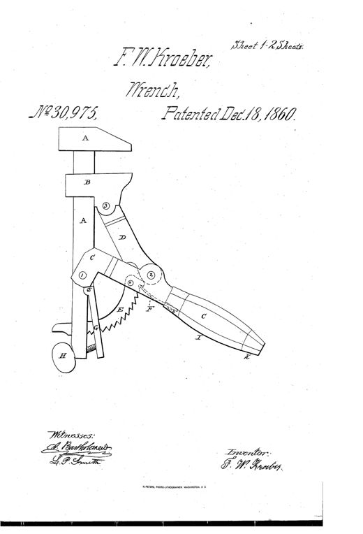 Patent drawing of an 1860 lever-action monkey wrench showing a hammer-head handle, a movable jaw operated by a pivoted lever and curved ratchet strip, and a wooden hand-hold grip.
