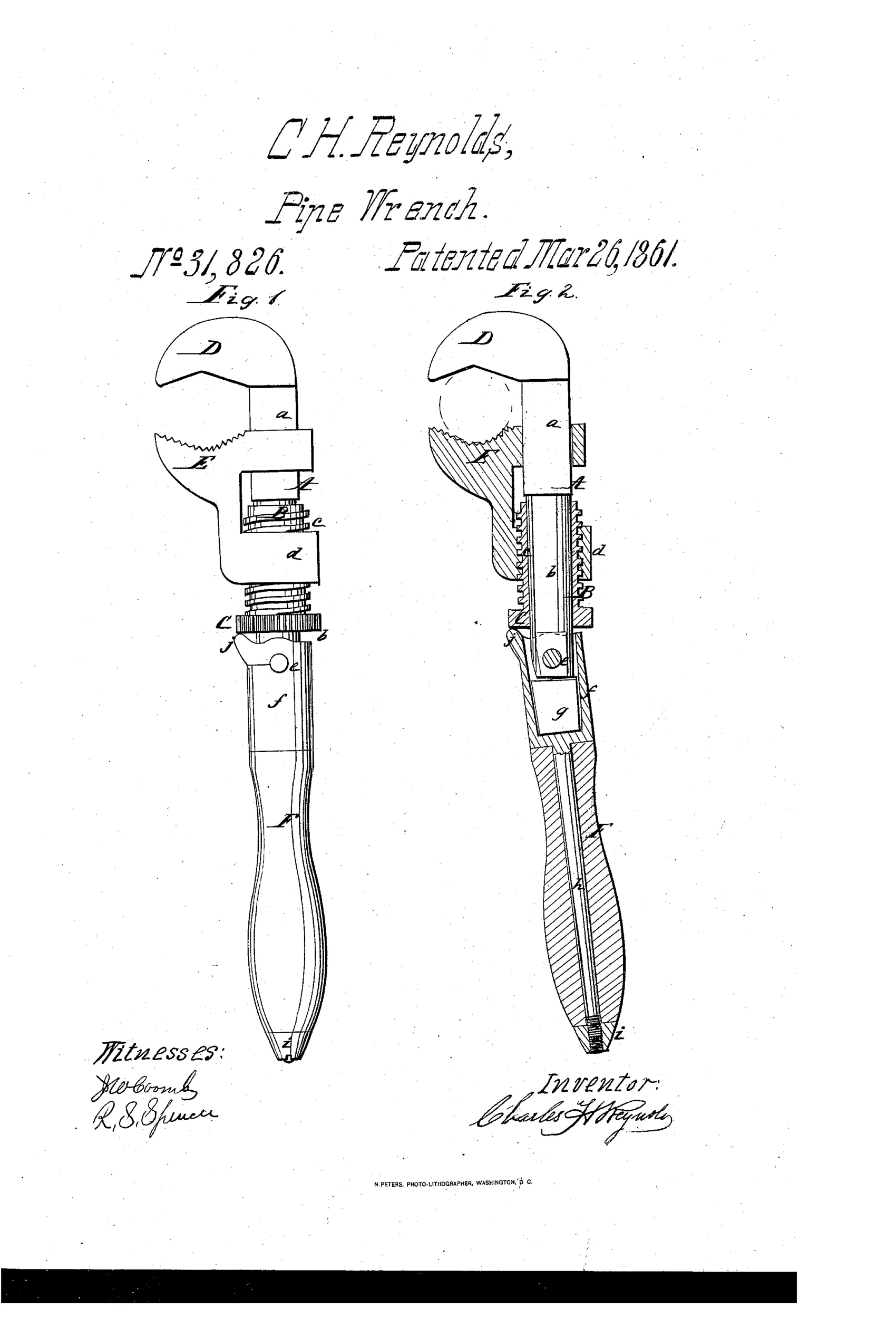 Two side-by-side patent drawings of a 19th-century pipe wrench, one showing the external assembled tool with a curved head and sliding jaw, and the other a cross-sectional cutaway revealing the internal threaded collar, spring, and pivoted handle mechanism.