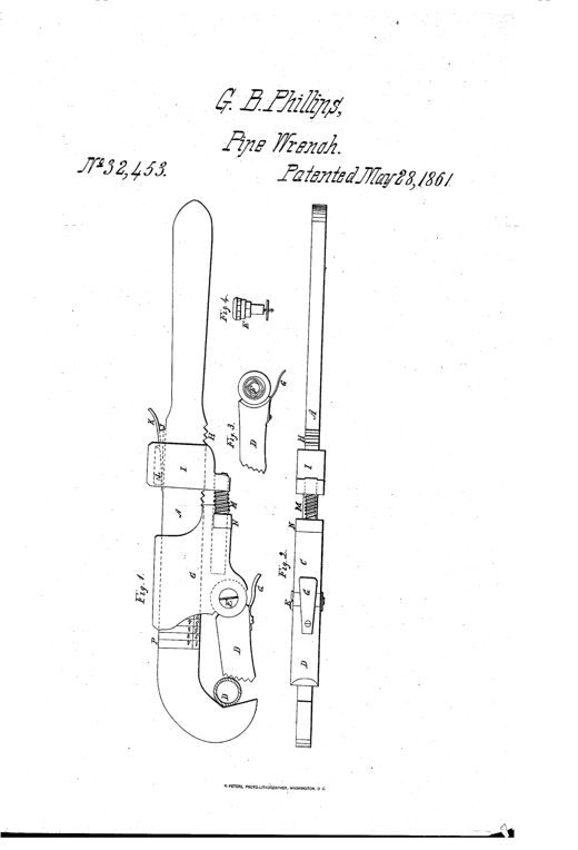 Patent drawing of a 19th-century pipe wrench showing a long bent bar with a hinged toothed jaw, sliding collar, adjustment screw, and small detail views of the spring-loaded pin and wedge mechanism.