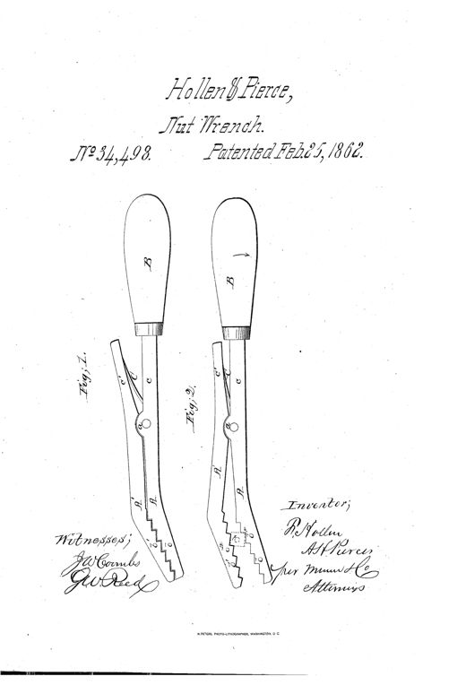 Two side-view drawings of a hand wrench with a long handle and hinged ratchet-toothed jaws, one shown closed and the other open and gripping a burr, with an arrow indicating the turning direction.