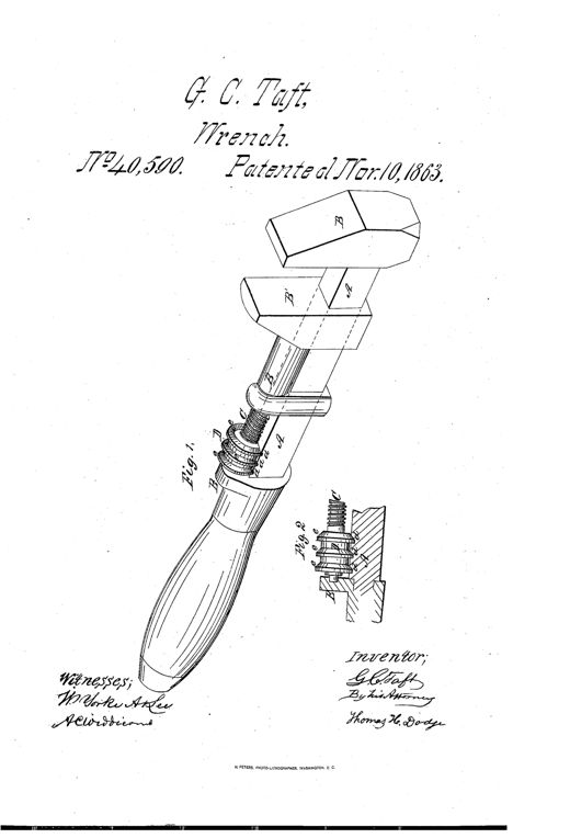 Patent drawing of a monkey-style screw wrench showing the long handle, stationary and sliding jaws labeled B and B', the threaded shank A, and an exploded detail of the knurled rosette D with its grooves and projections at Fig. 2.