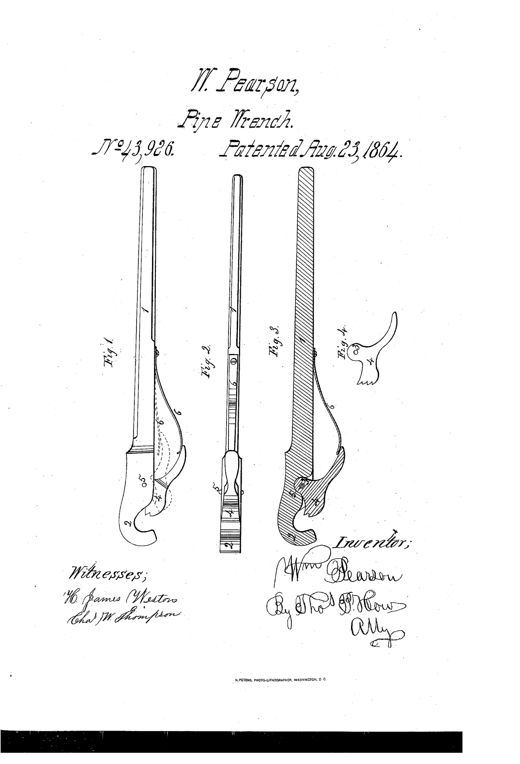 Patent drawing of an 1864 pipe wrench showing a long straight lever with a hooked, toothed movable jaw hinged near the handle end, plus a detail view of the eccentric jaw with four teeth.
