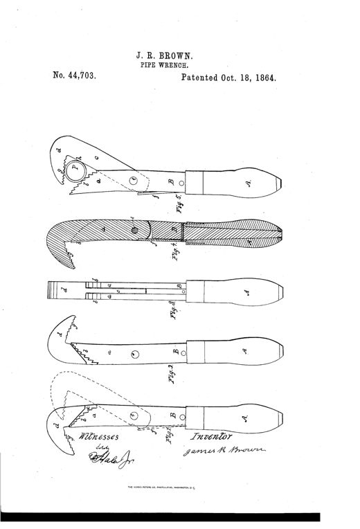 Patent drawing of a 19th-century pipe wrench showing five views: two side elevations with toothed jaws and a curved pivoting claw, a rear view of the split prongs, a cross-section revealing the internal spring mechanism, and a final view of the wrench clamped onto a pipe.