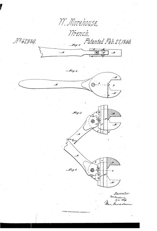 Patent drawing of a hand wrench showing a long flattened handle ending in a toothed segment that engages a sliding jaw opposite a fixed pivoted jaw, with sectional views illustrating the jaws in open and closed positions.