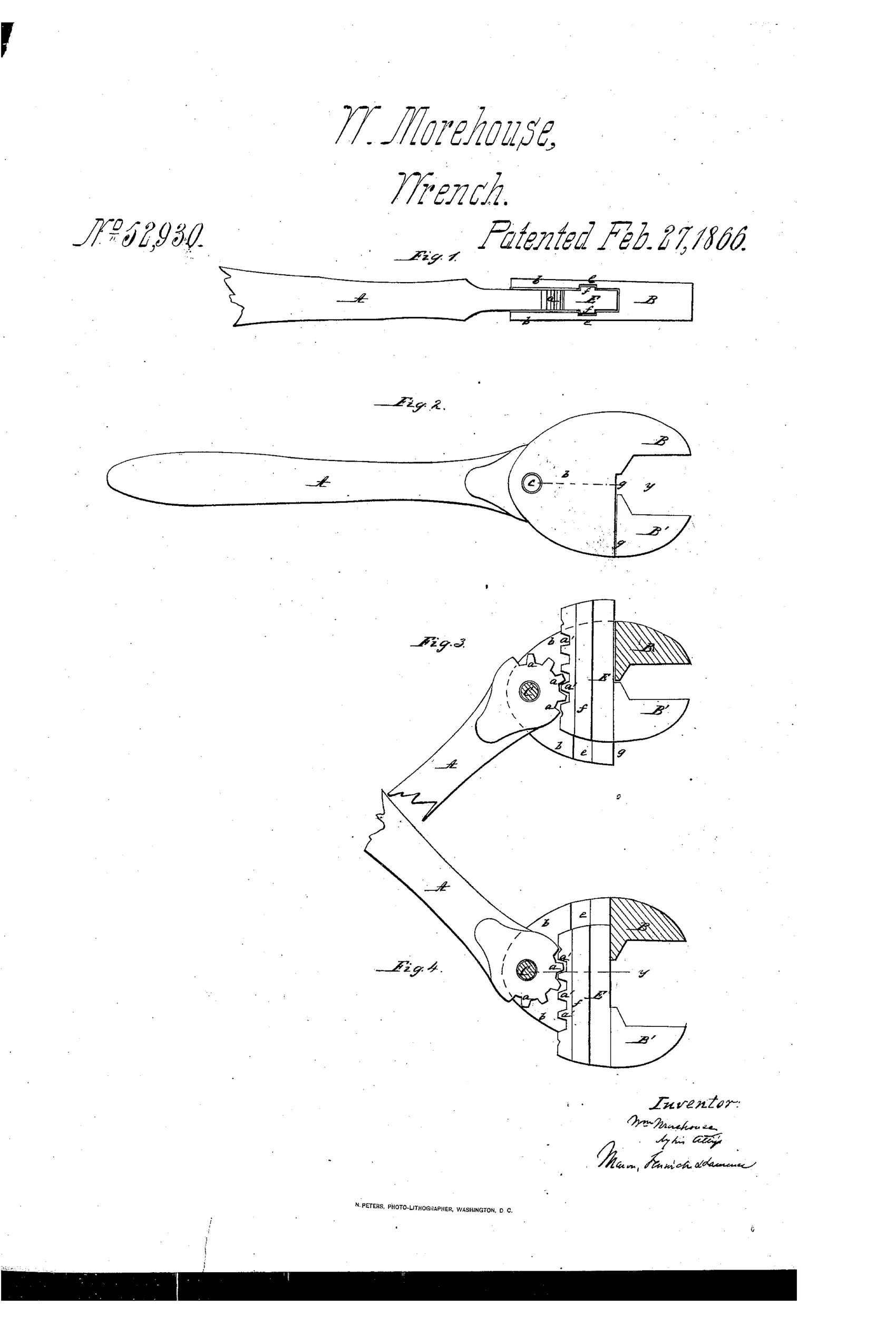 Patent drawing of a hand wrench showing a long flattened handle ending in a toothed segment that engages a sliding jaw opposite a fixed pivoted jaw, with sectional views illustrating the jaws in open and closed positions.
