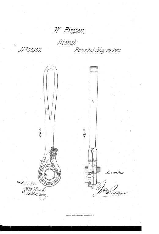 Patent drawing of a ratchet wrench showing an oval-handled top view with a round socket head containing hexagonal opening and ratchet teeth, alongside a side view of the elongated stock with a removable socket and screw catch mechanism.