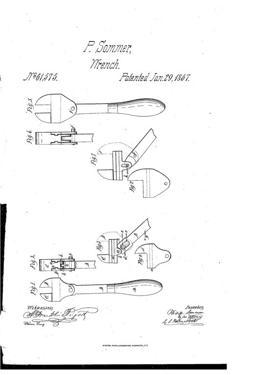 Patent drawing showing several views of a self-adjusting screw wrench with a wooden handle, sliding jaws, and internal pin-and-slot mechanism labeled Figures 1 through 8.