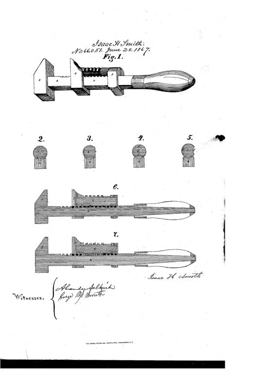 Patent drawing of a screw-wrench showing a wooden-handled bar with fixed and movable jaws, an adjusting screw with flattened side, and five small end-view cross-sections plus two longitudinal cross-sections illustrating the screw's flat and concave adjustment positions.