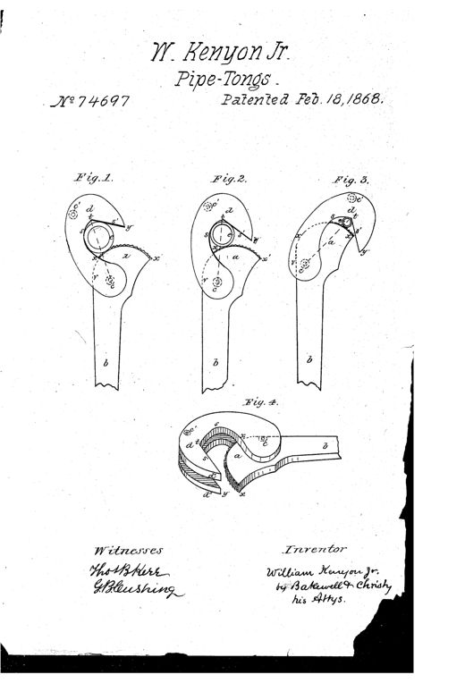 Four patent drawings of pipe-tongs showing a hooked, angled jaw pivoted on an eccentric cam-head atop a long handle, illustrated gripping pipes of three different diameters and in a perspective view revealing the split, riveted jaw halves.