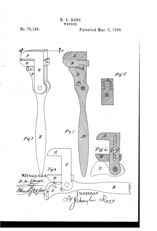 Patent drawing of an 1868 wrench showing a perspective view with a fixed jaw and sliding jaw on a slotted bar, a cross-section revealing an internal cam and groove, a side view with jaws open, and two smaller modification diagrams labeled Fig. 4 and Fig. 5.