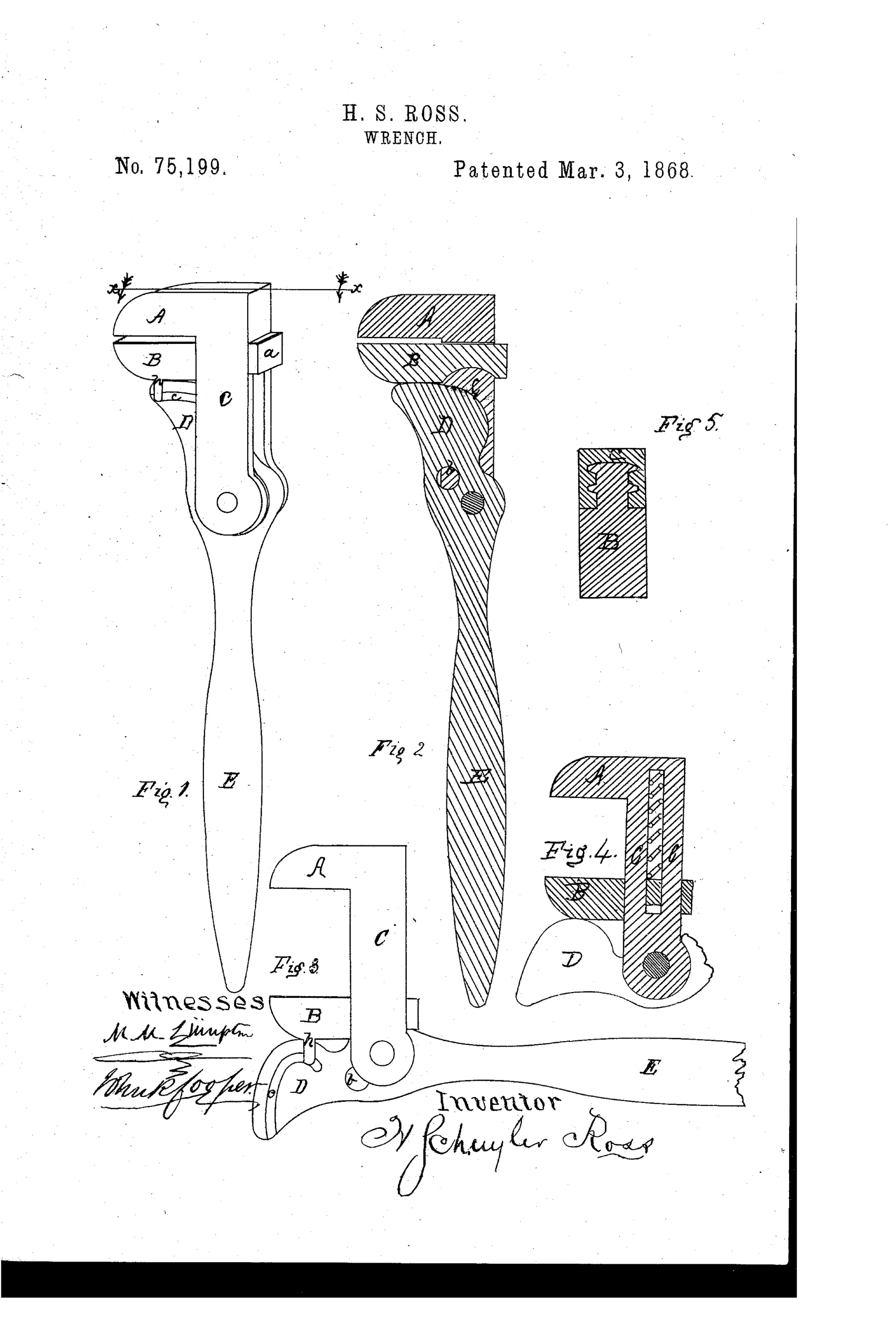 Patent drawing of an 1868 wrench showing a perspective view with a fixed jaw and sliding jaw on a slotted bar, a cross-section revealing an internal cam and groove, a side view with jaws open, and two smaller modification diagrams labeled Fig. 4 and Fig. 5.