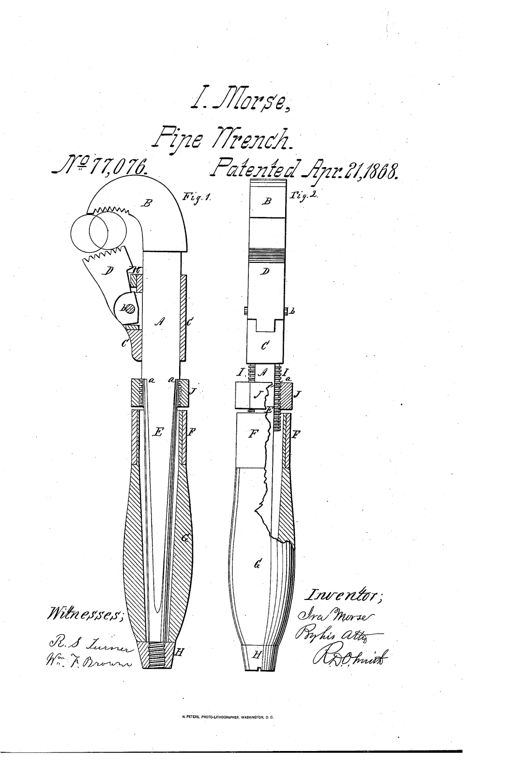 Two side-by-side patent drawings of a 19th-century pipe wrench showing a long bar with a curved fixed jaw B at top, a hinged serrated jaw D held by a spring, a sliding case C with screw-nut J, and a wooden handle G secured by ferrule F and nut H at the base.