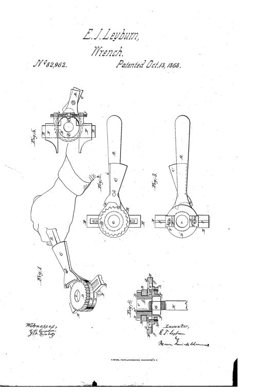 Technical patent drawing showing a hand gripping a ratcheting nut wrench with a toothed wheel and adjustable jaws, alongside top, bottom, cross-section, and alternate jaw-adjustment views labeled Figs. 1 through 5.