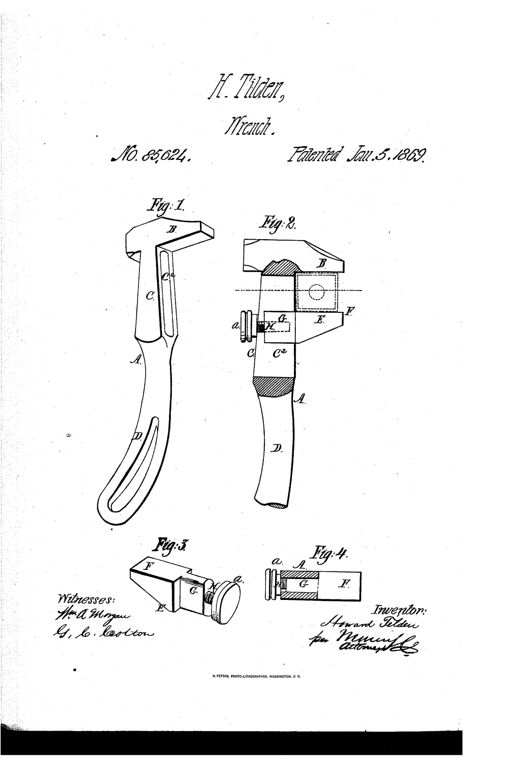 Patent drawing of a 19th-century adjustable monkey wrench showing the fixed jaw, tapering wedge-shaped body with a central slot, and a sliding movable jaw secured by a screw, illustrated in four figures labeled Fig. 1 through Fig. 4 with lettered parts A through H.