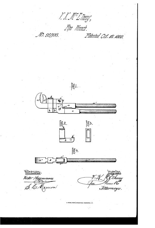Patent drawing of a pipe wrench showing a serrated fixed jaw, a movable jaw connected by a lever and pin through an oblique slot, and two parallel handles extending from the stem, with additional cross-sectional views of the band and pawl mechanism below.
