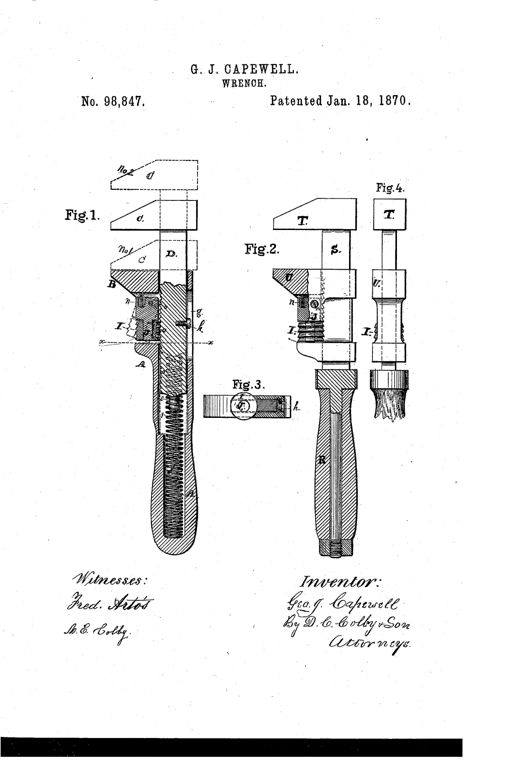 Patent drawing of a Capewell wrench showing four figures: an open handle with sliding jaw bar and coil spring (Fig. 1), a similar wrench with a fixed outer jaw and sliding inner jaw on a metal bar (Fig. 2), a cross-section through the jaw (Fig. 3), and a hammer-face end view of the second wrench pattern (Fig. 4).