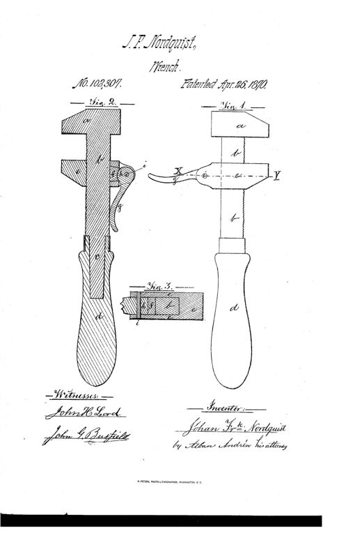 Patent drawing of a 19th-century monkey wrench showing a solid head and corrugated stem with a sliding jaw locked by an eccentric lever, plus a cross-section of the grooved stem and jaw.
