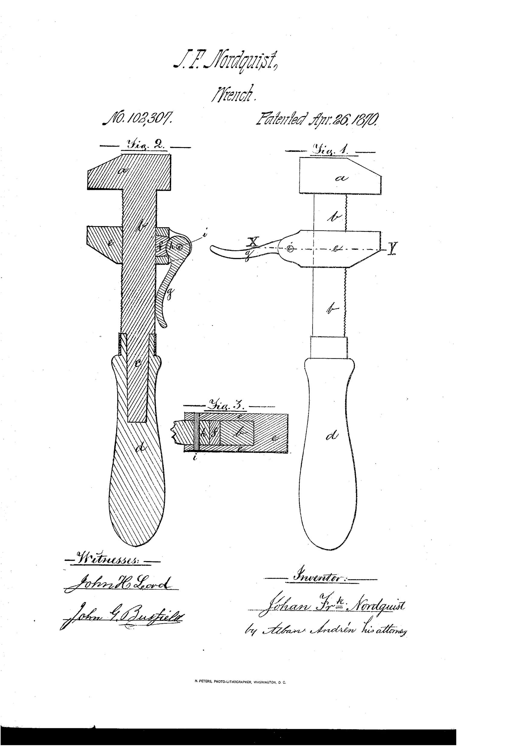 Patent drawing of a 19th-century monkey wrench showing a solid head and corrugated stem with a sliding jaw locked by an eccentric lever, plus a cross-section of the grooved stem and jaw.