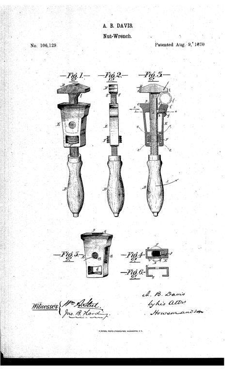 Patent drawing showing three views of a wooden-handled adjustable wrench with a permanent upper jaw, a sliding lower jaw adjusted by a threaded stem and nut, plus detail views of the jaw's internal recess and cross-sections.