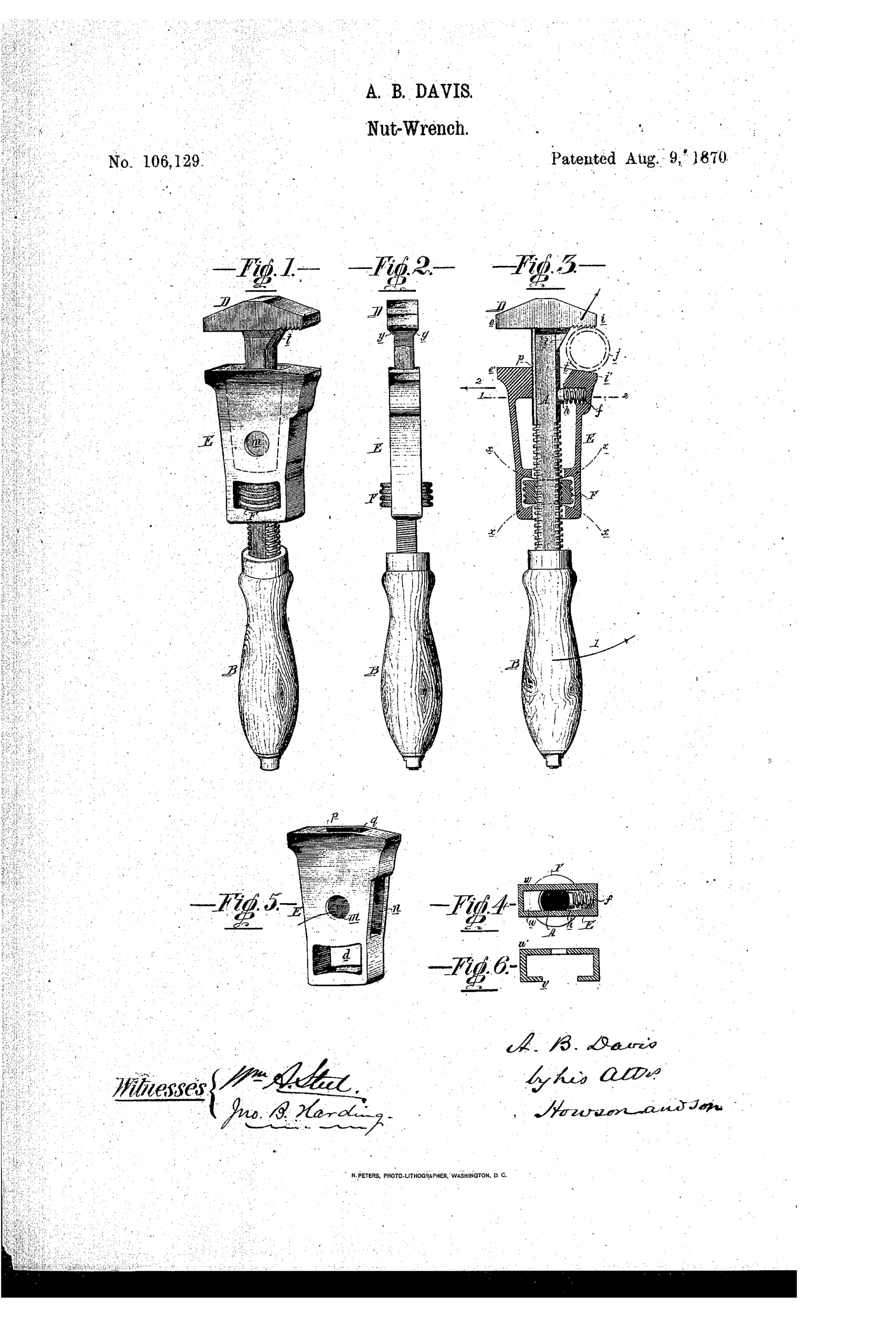 Patent drawing showing three views of a wooden-handled adjustable wrench with a permanent upper jaw, a sliding lower jaw adjusted by a threaded stem and nut, plus detail views of the jaw's internal recess and cross-sections.