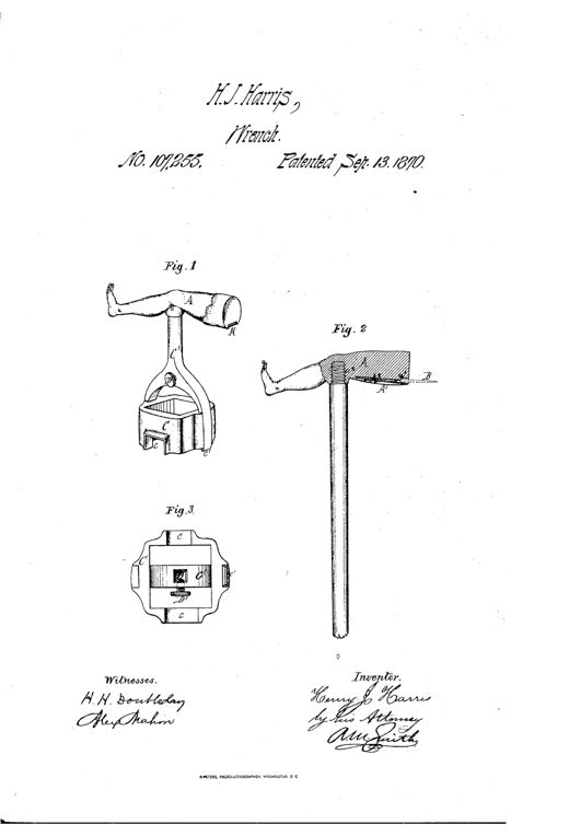 Patent drawing showing a hammer-and-wrench multiple tool: Fig. 1 depicts the hammer head attached above a forked socket-wrench body with an internal socket, Fig. 2 shows the hammer mounted atop a long walking-stick handle, and Fig. 3 gives a bottom view of the wrench's square recessed jaws.
