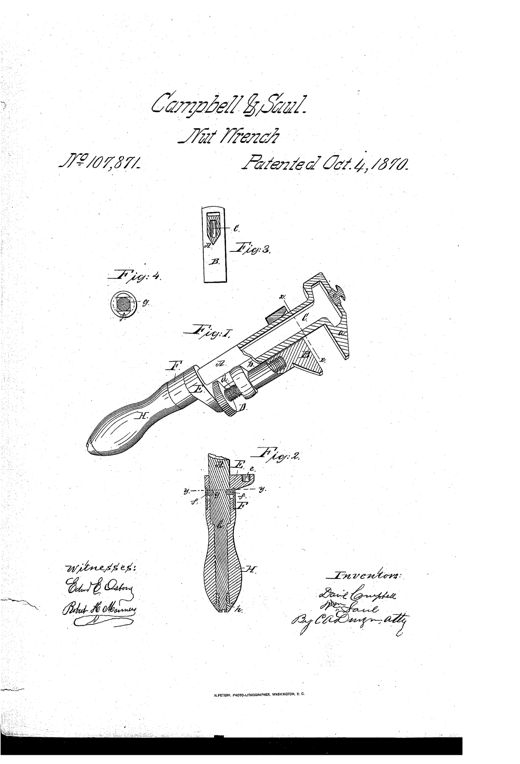 Patent drawing of an adjustable nut wrench with a wooden handle, showing a hollow metal stem with a sliding jaw adjusted by a screw, plus cross-section details of the socket, washer, and ferrule assembly.