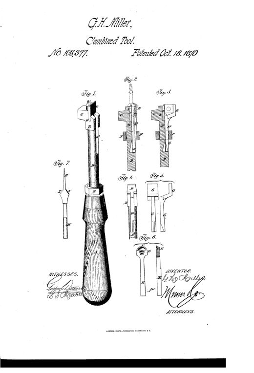 Line drawing of a wooden-handled combination tool showing a screwdriver shank with interchangeable points, a pivoting wrench jaw, a screw-holding clamp, and a separate pointed awl bit, labeled with reference letters A through I across seven numbered figures.