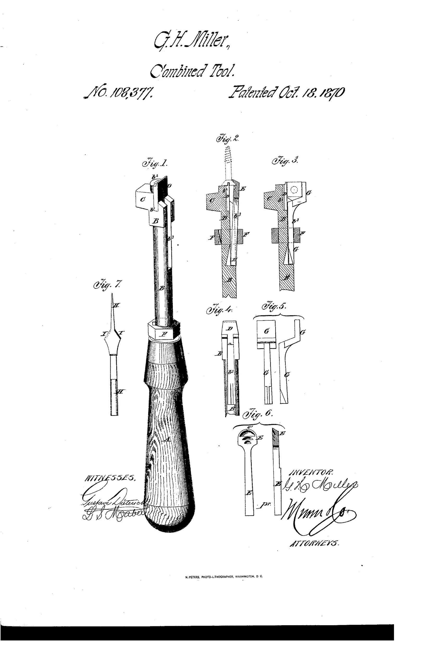Line drawing of a wooden-handled combination tool showing a screwdriver shank with interchangeable points, a pivoting wrench jaw, a screw-holding clamp, and a separate pointed awl bit, labeled with reference letters A through I across seven numbered figures.