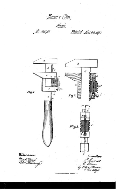 Patent drawing of an 1870 adjustable wrench showing a toothed shank, sliding jaw with thumb-screw and spring catch, and a wooden handle, alongside internal cross-section views labeled Fig. 1 through Fig. 3.