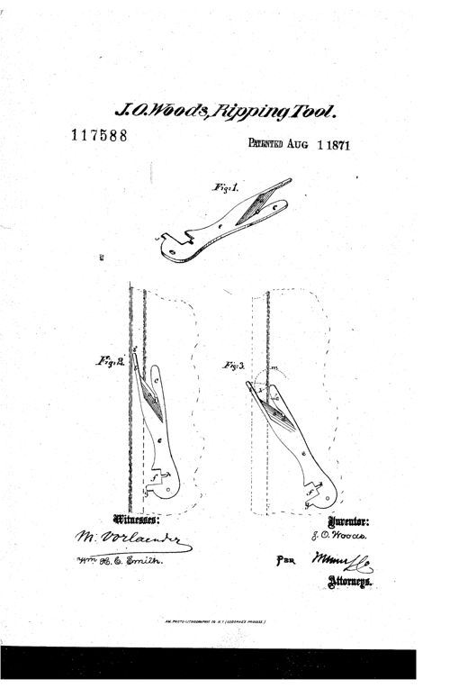 Line drawing of a flat steel ripping tool with an angled hook-shaped handle, a notched cutting head holding an oblique blade flanked by two prongs, shown alone (Fig. 1) and inserted between two layers of cloth in two different guide orientations (Figs. 2 and 3).