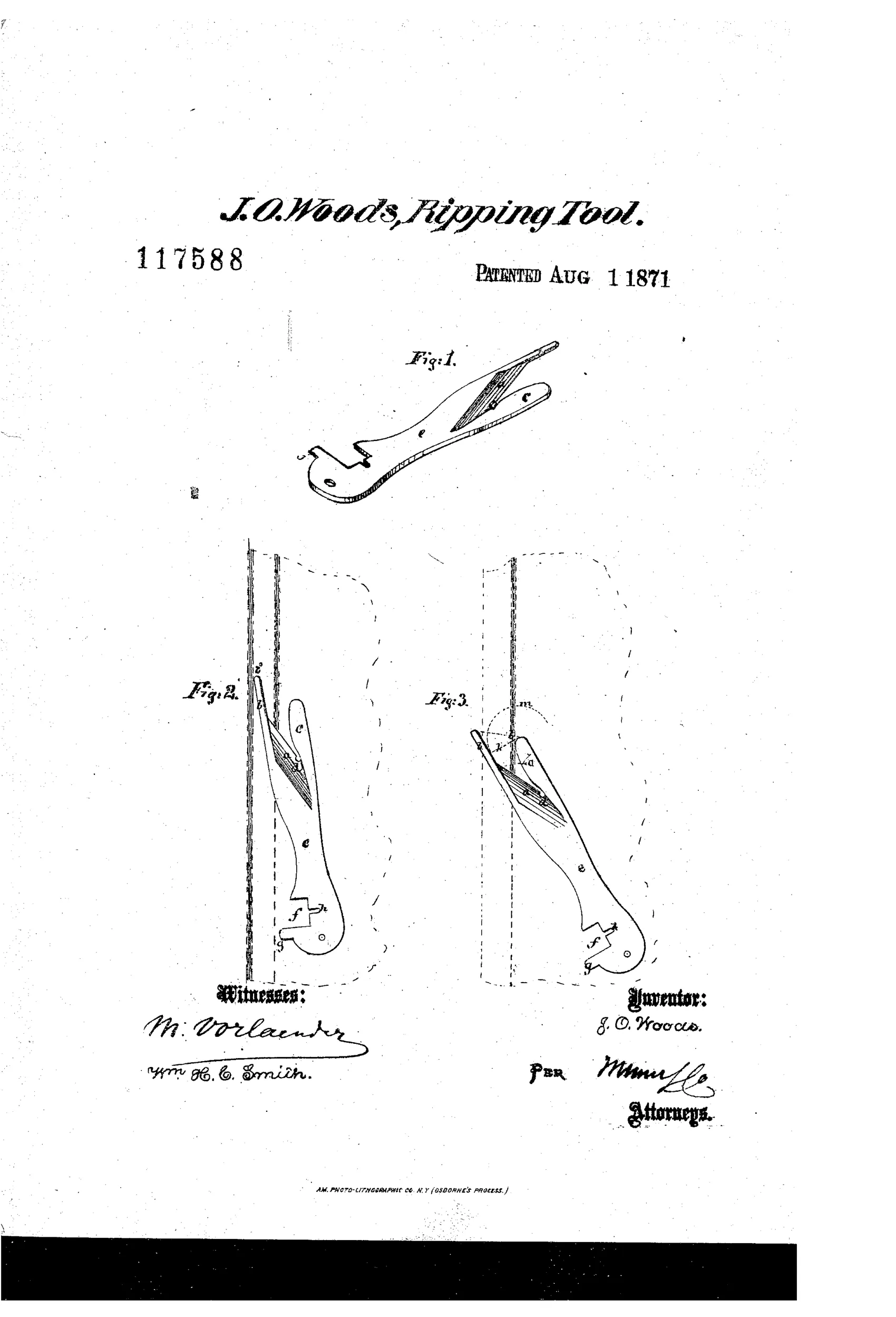 Line drawing of a flat steel ripping tool with an angled hook-shaped handle, a notched cutting head holding an oblique blade flanked by two prongs, shown alone (Fig. 1) and inserted between two layers of cloth in two different guide orientations (Figs. 2 and 3).