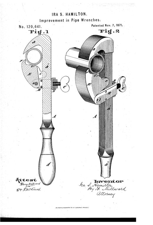 Two patent drawings of a hand-held pipe wrench showing a hooked jaw head with an eccentric serrated cam and claw, a square adjustable shank secured by a set-screw, and a turned wooden-style handle at the base.