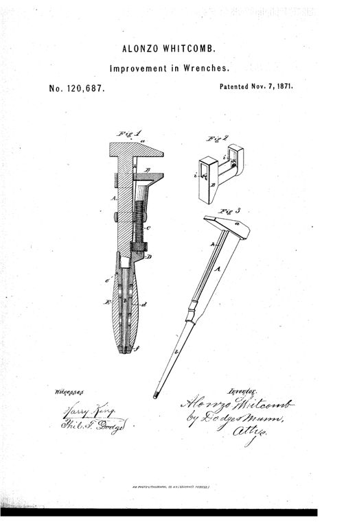 Patent drawing showing a sectioned monkey wrench with a tapering square bar, a fixed jaw at top, a sliding jaw threaded onto a central screw, and a wooden handle secured by a ferrule block with a quill tube, alongside separate perspective views of the sliding jaw and the bare tapering bar body.