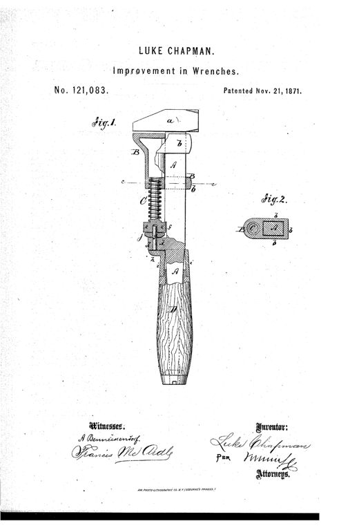 Patent drawing showing a side sectional view of a monkey wrench with wooden handle D, adjustable jaw B, threaded screw C, and shank A, plus a small cross-sectional Fig. 2 detail.