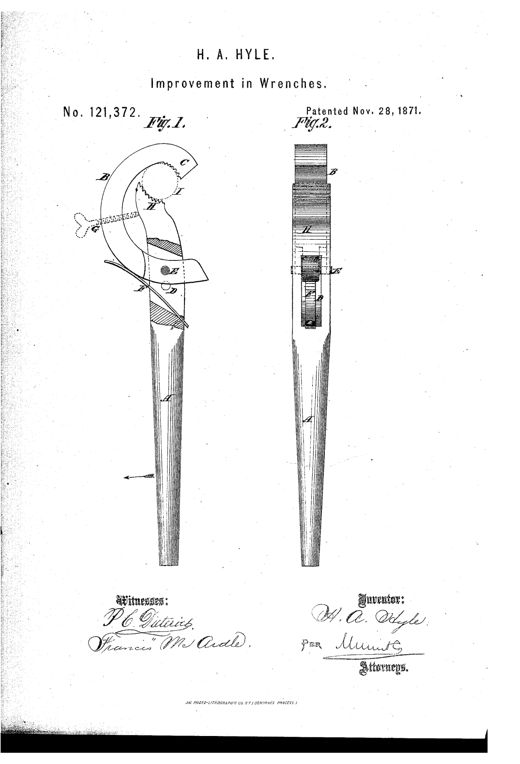 Patent drawing showing a pipe wrench with a long tapered lever handle, a curved pivoted upper jaw with serrated gripping surface, a set-screw, and a coiled spring mechanism, shown in side and edge views.