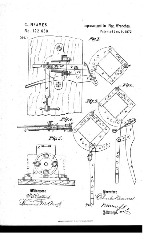 Patent drawing of a combined gas-pipe wrench and vise mounted on a wooden workbench stand, showing multiple diamond-shaped toothed jaw plates, pivoted bars, a lever handle, and a separate exploded view of the adjustable bench stand with bolts.