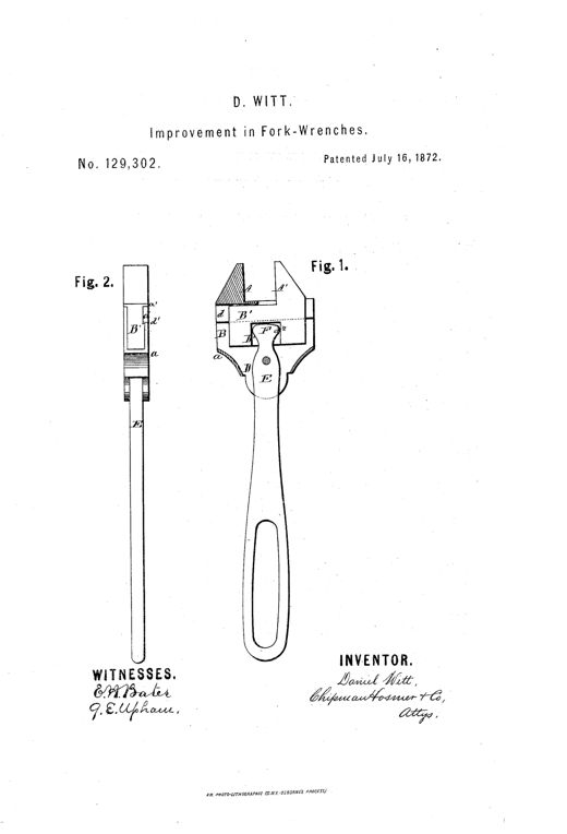 Patent drawing of a fork-wrench showing two interlocking jaws (Fig. 1) with a pivoted lever having a pear-shaped cam-head sliding within a rectangular recess, and a separate sectional view (Fig. 2) of the sliding jaw's shank and flange.