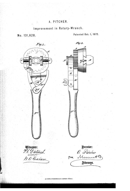Patent drawing of a rotary wrench showing a face view (Fig. 1) with adjustable jaws, a cogged wheel, and two pawls held by a spring, and an edge view (Fig. 2) showing the wheel, neck, collar, and thumb-screw mechanism, both mounted on a long curved wooden-style handle.