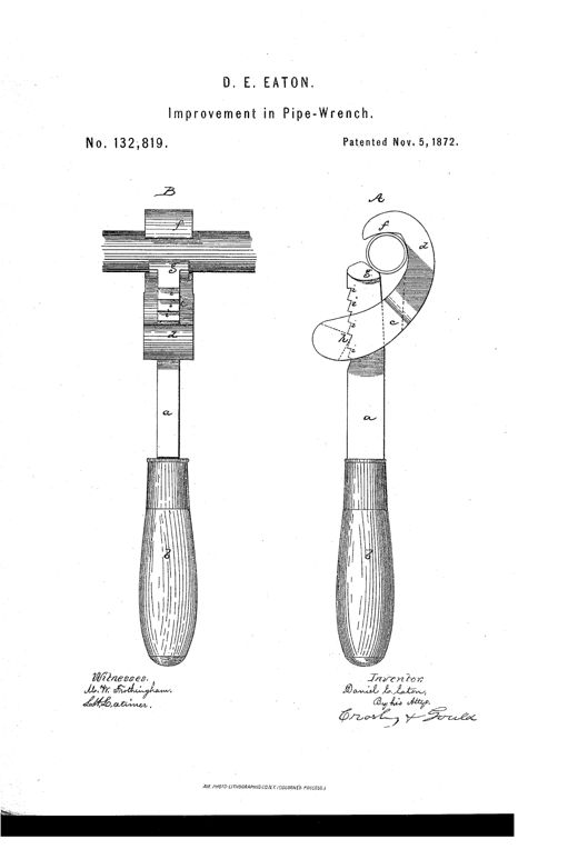 Two patent drawings labeled A and B show a wooden-handled pipe wrench with a curved hooked jaw at top, a notched lever-bar sliding through a slot in the hook, and lettered parts f, g, z, i, h, c, d, and a marking the jaw, head, notches, pivot tooth, slot, hook, and lever-bar.