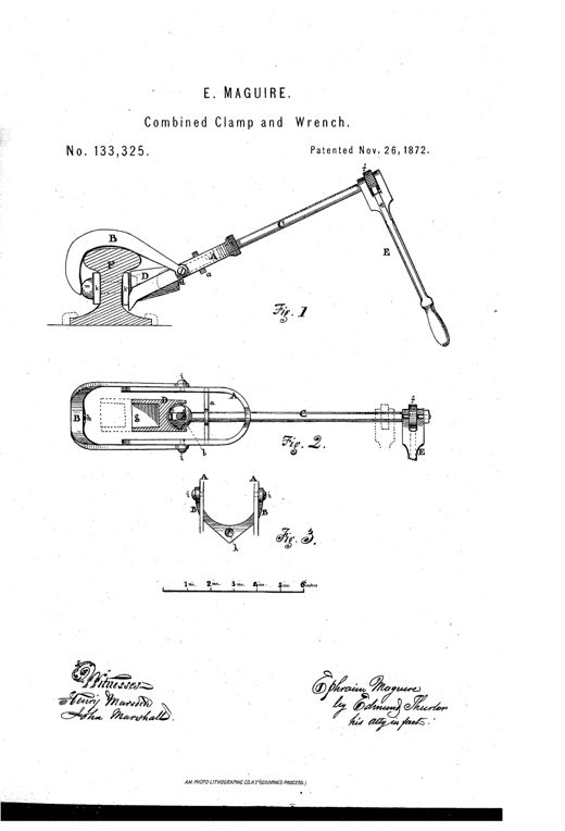 Patent drawing of a railroad track wrench showing a hooked claw clamping over a rail joint, connected by a long stem with a universal joint to a socket wrench and ratchet handle.