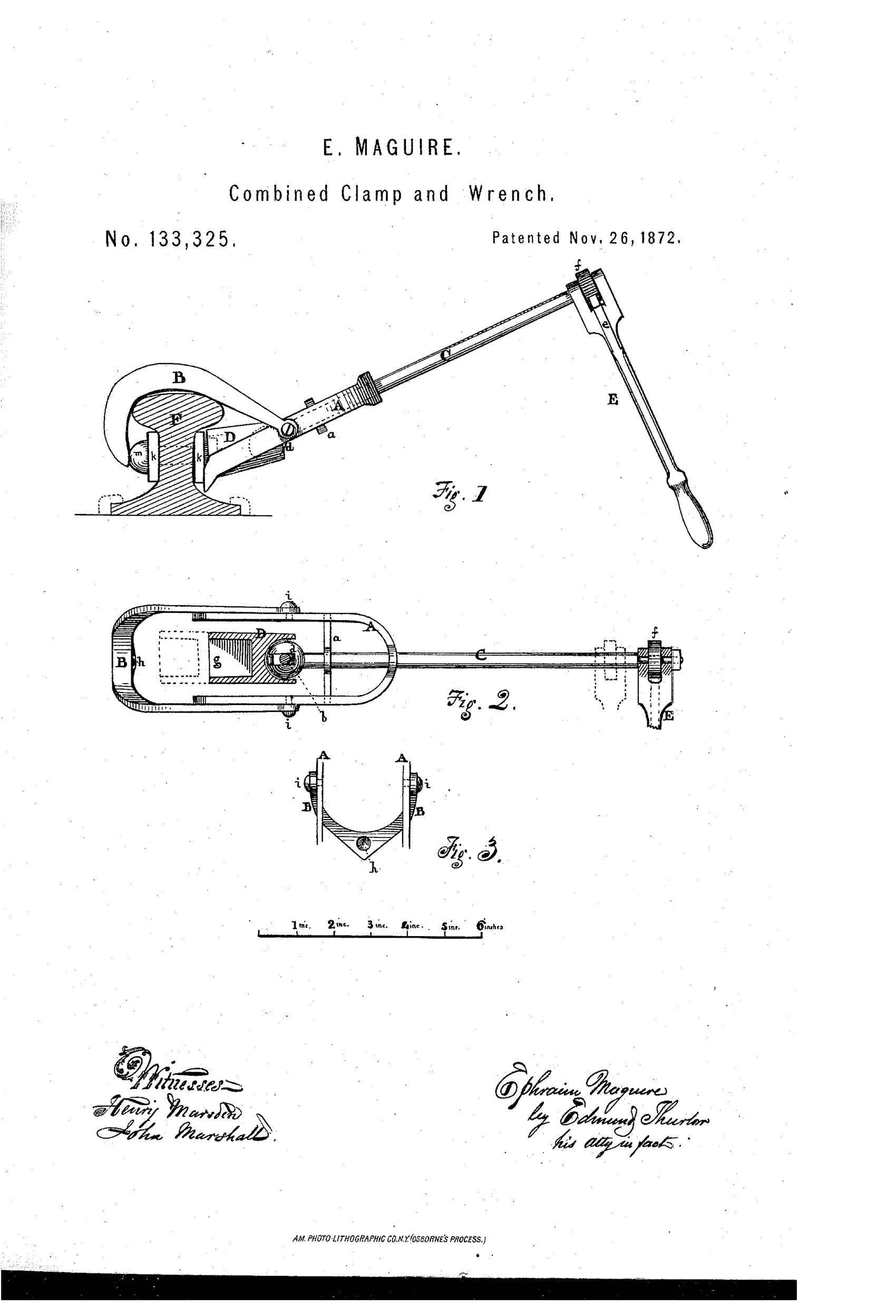 Patent drawing of a railroad track wrench showing a hooked claw clamping over a rail joint, connected by a long stem with a universal joint to a socket wrench and ratchet handle.