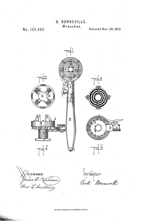 Patent drawing of an 1872 wrench showing a circular jawed head with four sliding jaws operated by an internal scroll, a hand-wheel for adjustment, and a handle with a pivoted ratcheting pawl and thimble near the shank.
