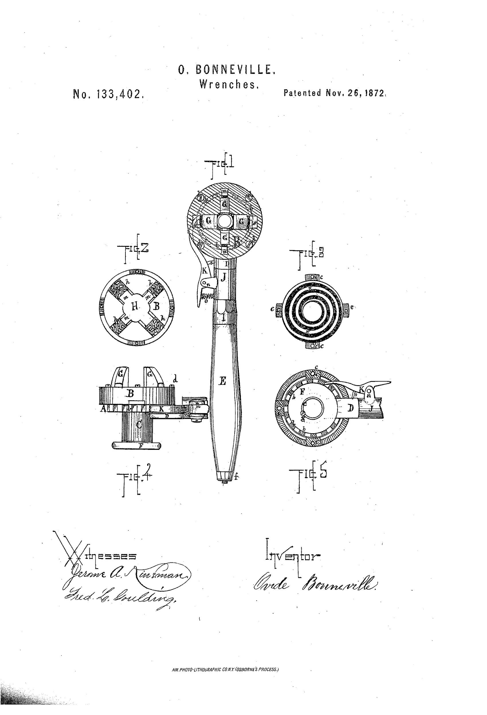 Patent drawing of an 1872 wrench showing a circular jawed head with four sliding jaws operated by an internal scroll, a hand-wheel for adjustment, and a handle with a pivoted ratcheting pawl and thimble near the shank.