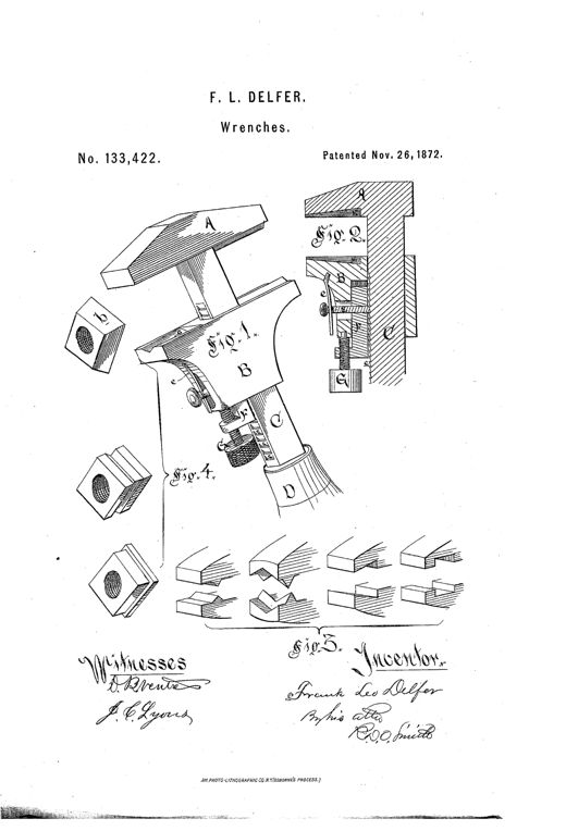 Patent drawing of a wrench with a rack-toothed bar, a sliding jaw held by a spring-loaded pawl, and an adjusting screw at the base of the jaw, alongside sketches of alternate jaw and nut shapes.