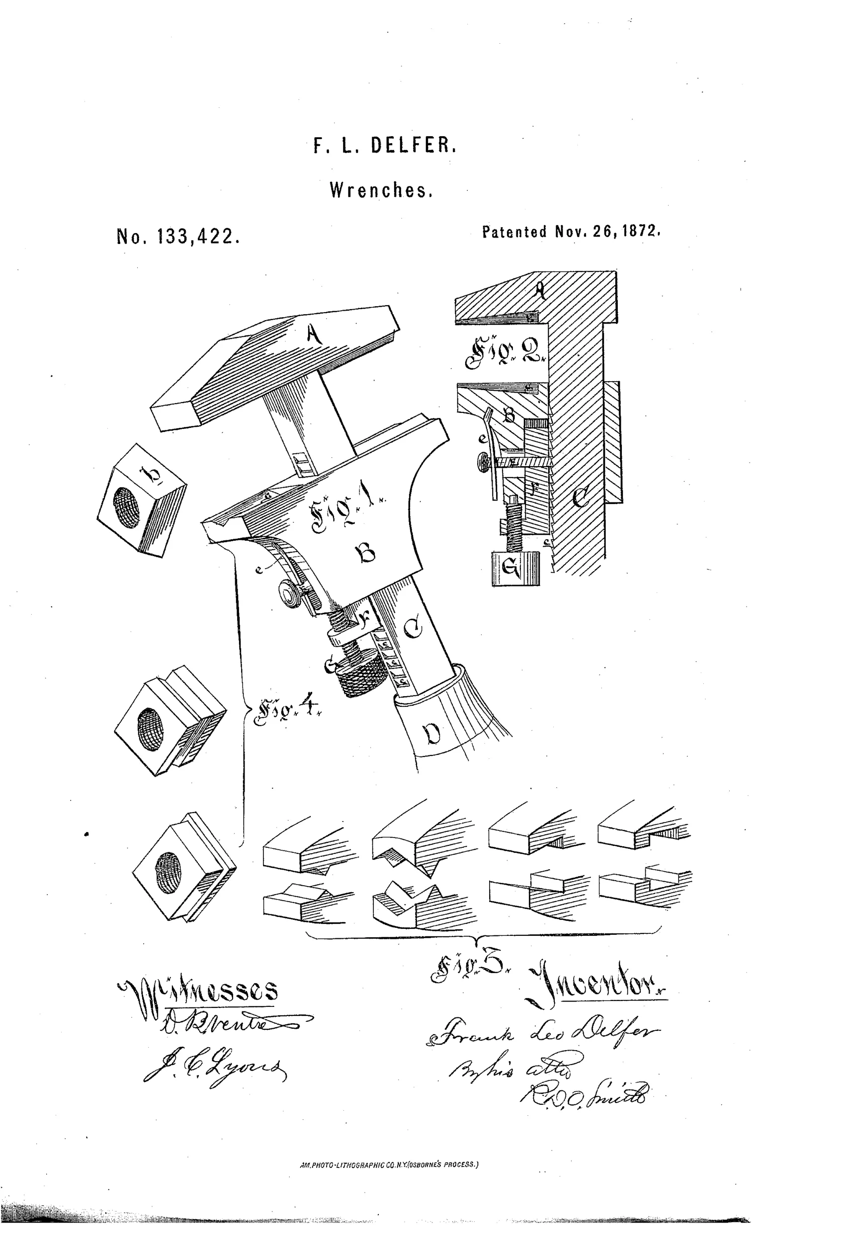 Patent drawing of a wrench with a rack-toothed bar, a sliding jaw held by a spring-loaded pawl, and an adjusting screw at the base of the jaw, alongside sketches of alternate jaw and nut shapes.